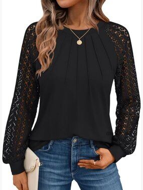 Long Sleeve Pleated Lace Top Business Casual Blouse Fall Tunic Tee